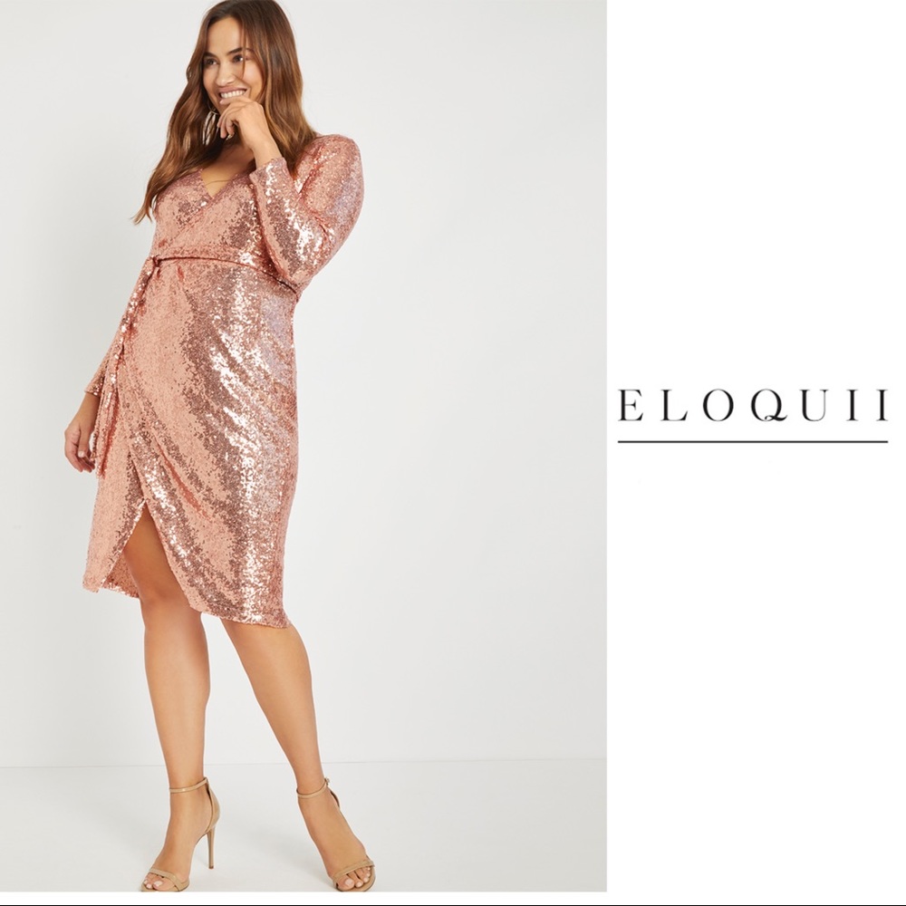NEW Eloquii Rose Gold Sequin Belted Wrap Dress